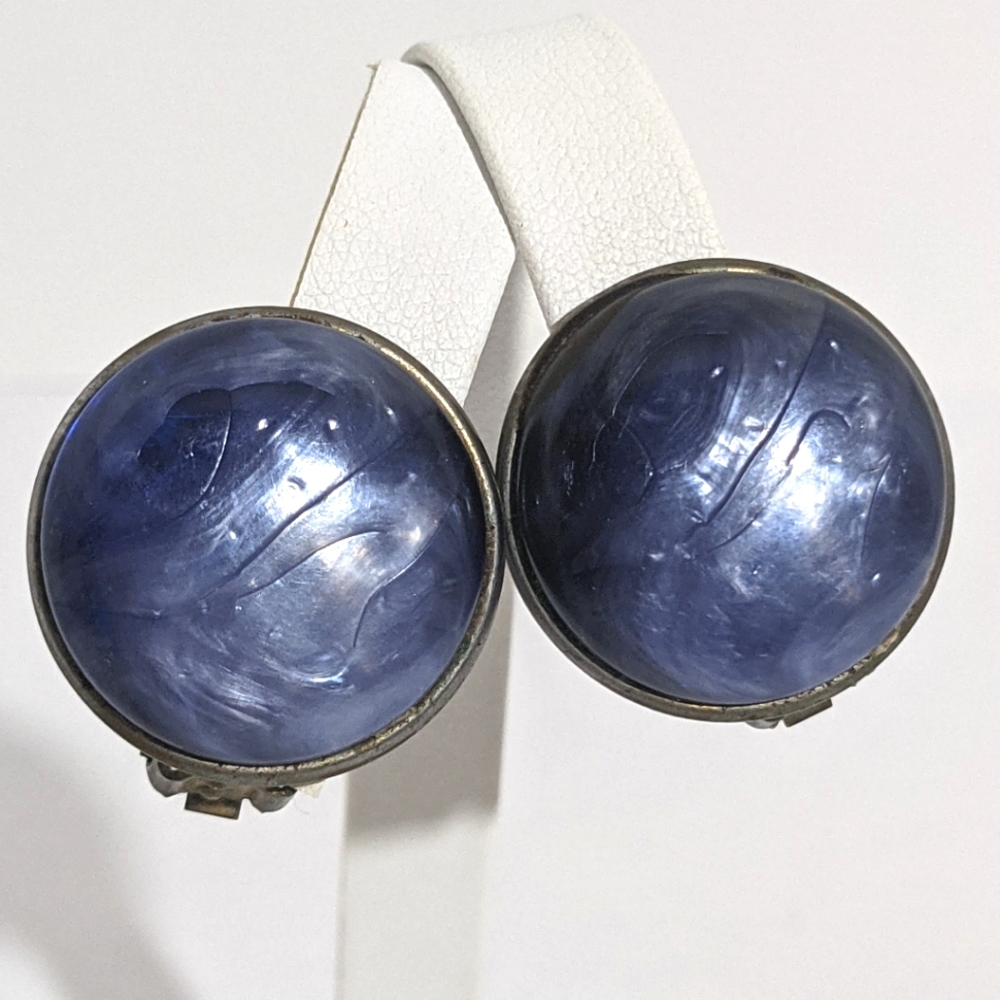 Vintage Mid Century Blue & Silver Button Clip Earrings